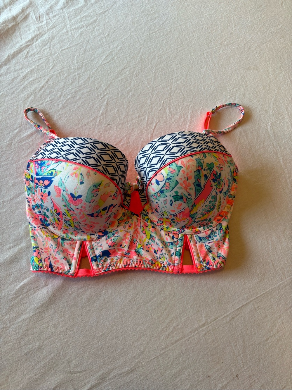 Victoria's Secret Neon Coral Floral Longline Bra with Navy Geometric